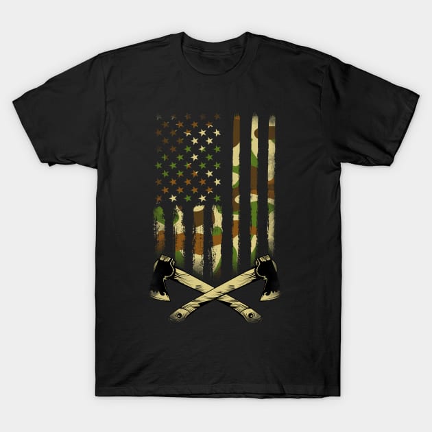 American Camouflage Throwing Axes - US Flag Axe Thrower T-Shirt by Pizzan